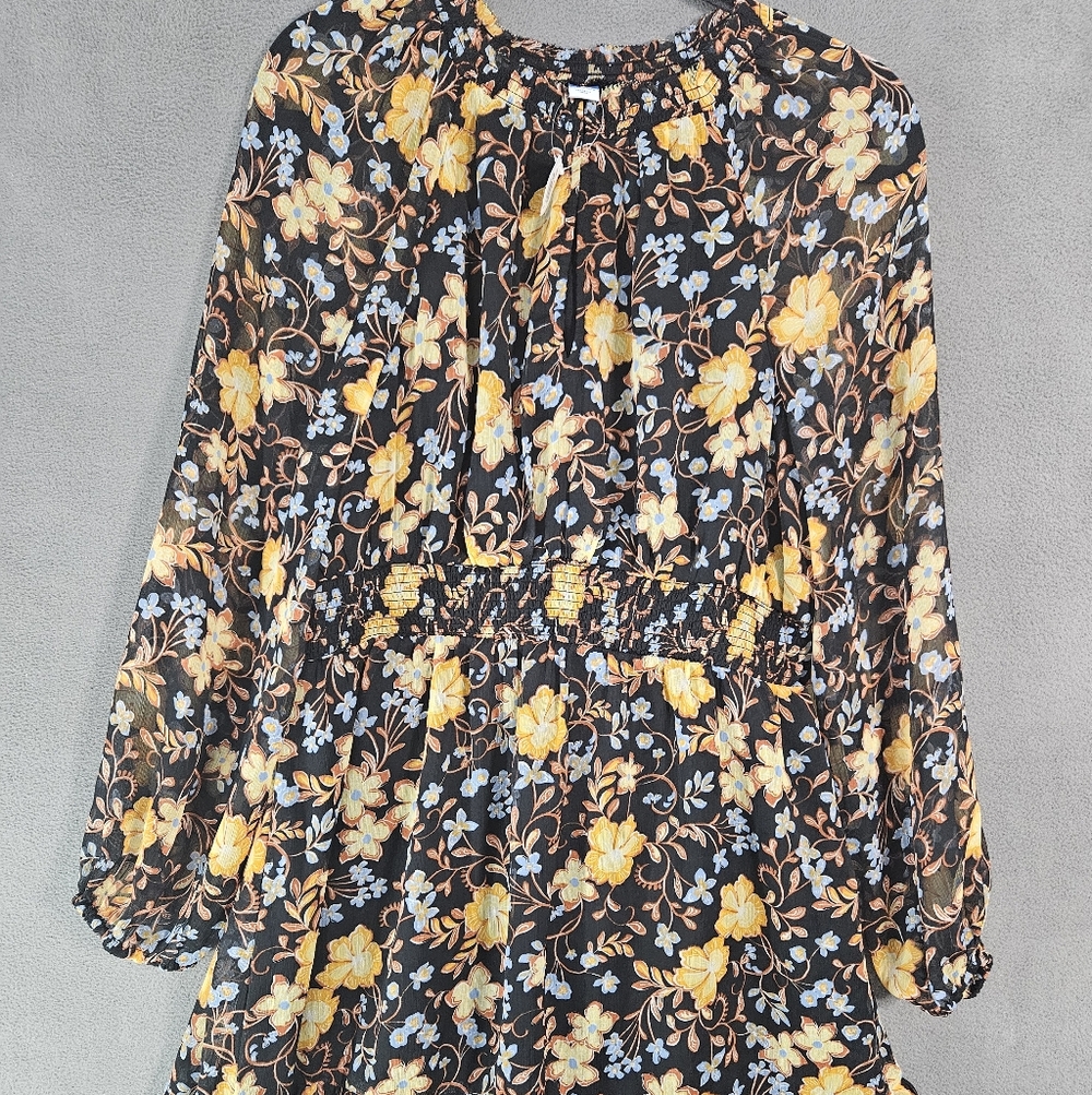 NWT Old Navy Womens Medium Midi Dress Shaffon Black Colorful Floral Ruffles LS
